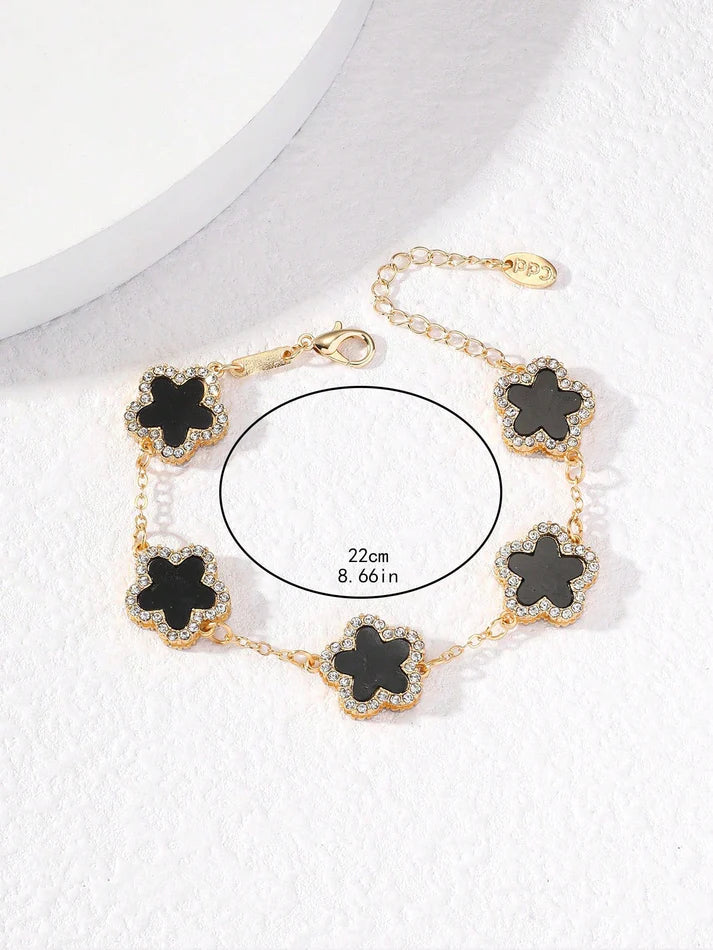 Elegant Black Clover & Rhinestone Chain Bracelet