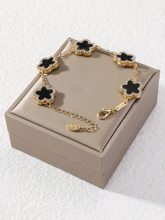 Elegant Black Clover & Rhinestone Chain Bracelet