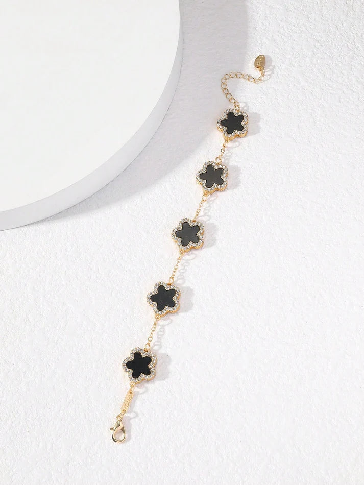 Elegant Black Clover & Rhinestone Chain Bracelet