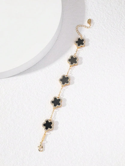 Elegant Black Clover & Rhinestone Chain Bracelet